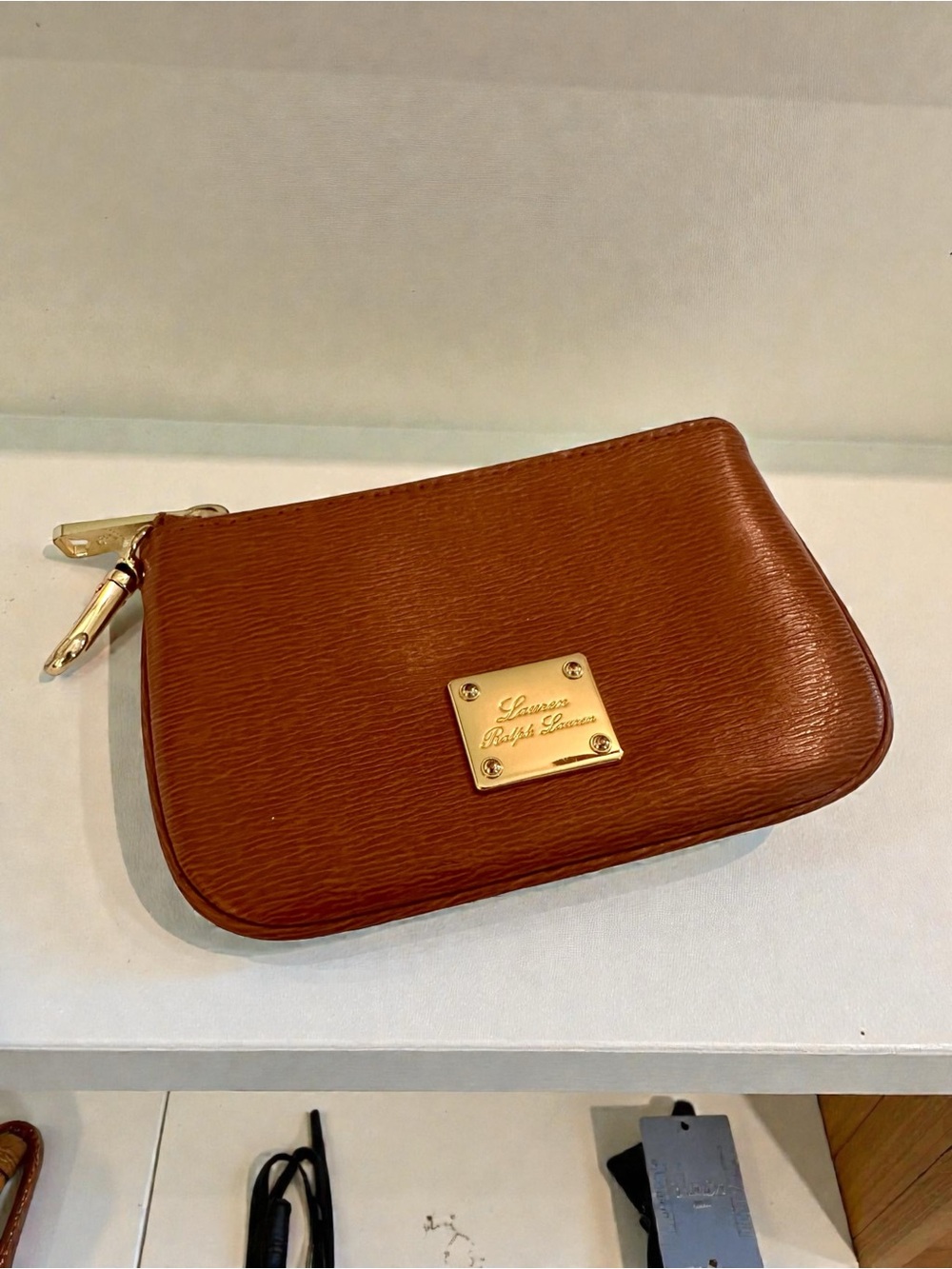 Lauren Ralph Lauren Tan Leather Wristlet with Gold Plaque